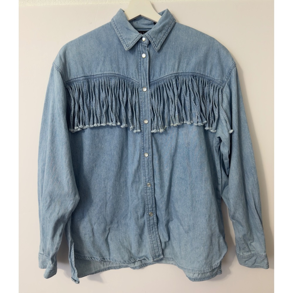 Womens Fringe Denim Western Shirt M Light Blue Pearl Snap Coastal Cowgirl Fest